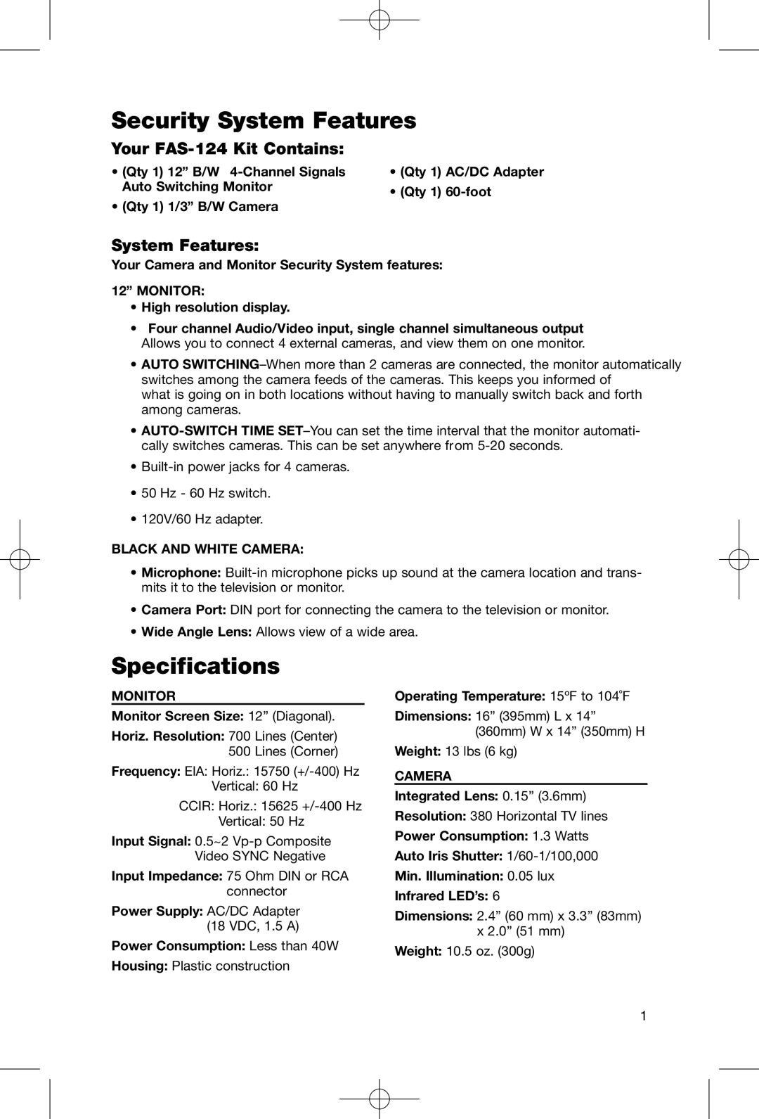 First Alert FAS-124 user manual Security System Features, Specifications, Monitor, Black and White Camera 