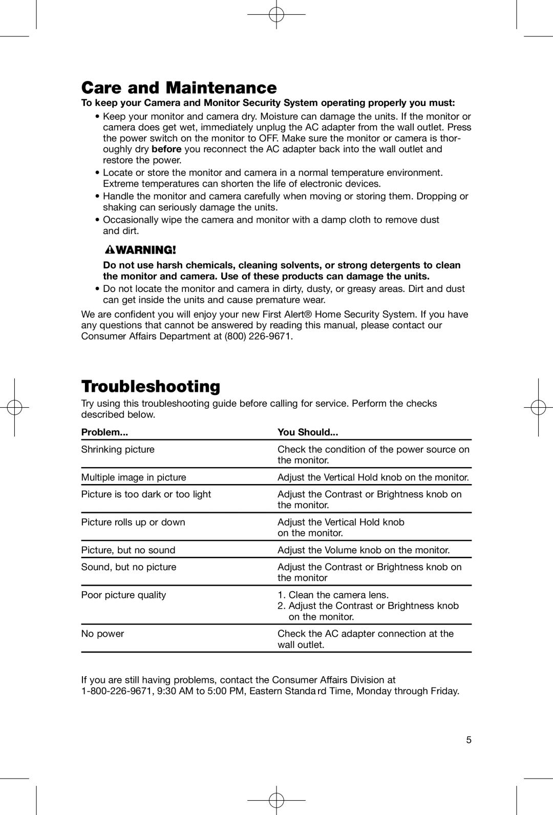 First Alert FAS-124 user manual Care and Maintenance, Troubleshooting, Problem You Should 