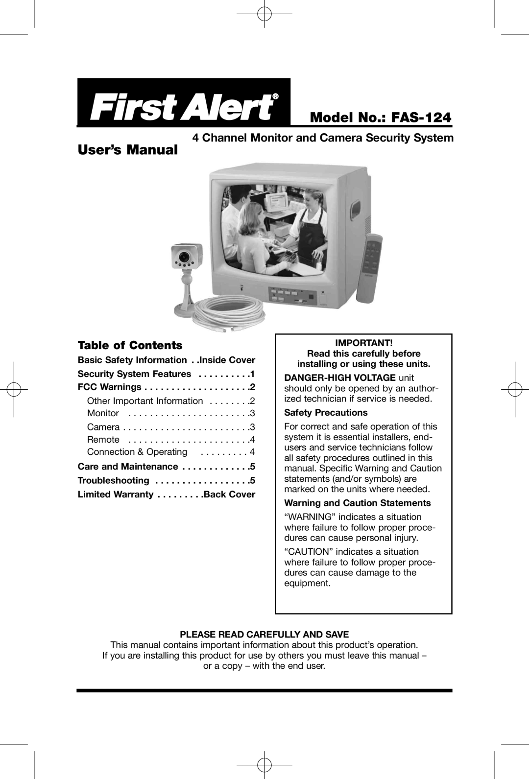 First Alert user manual Model No. FAS-124, Channel Monitor and Camera Security System, Table of Contents 
