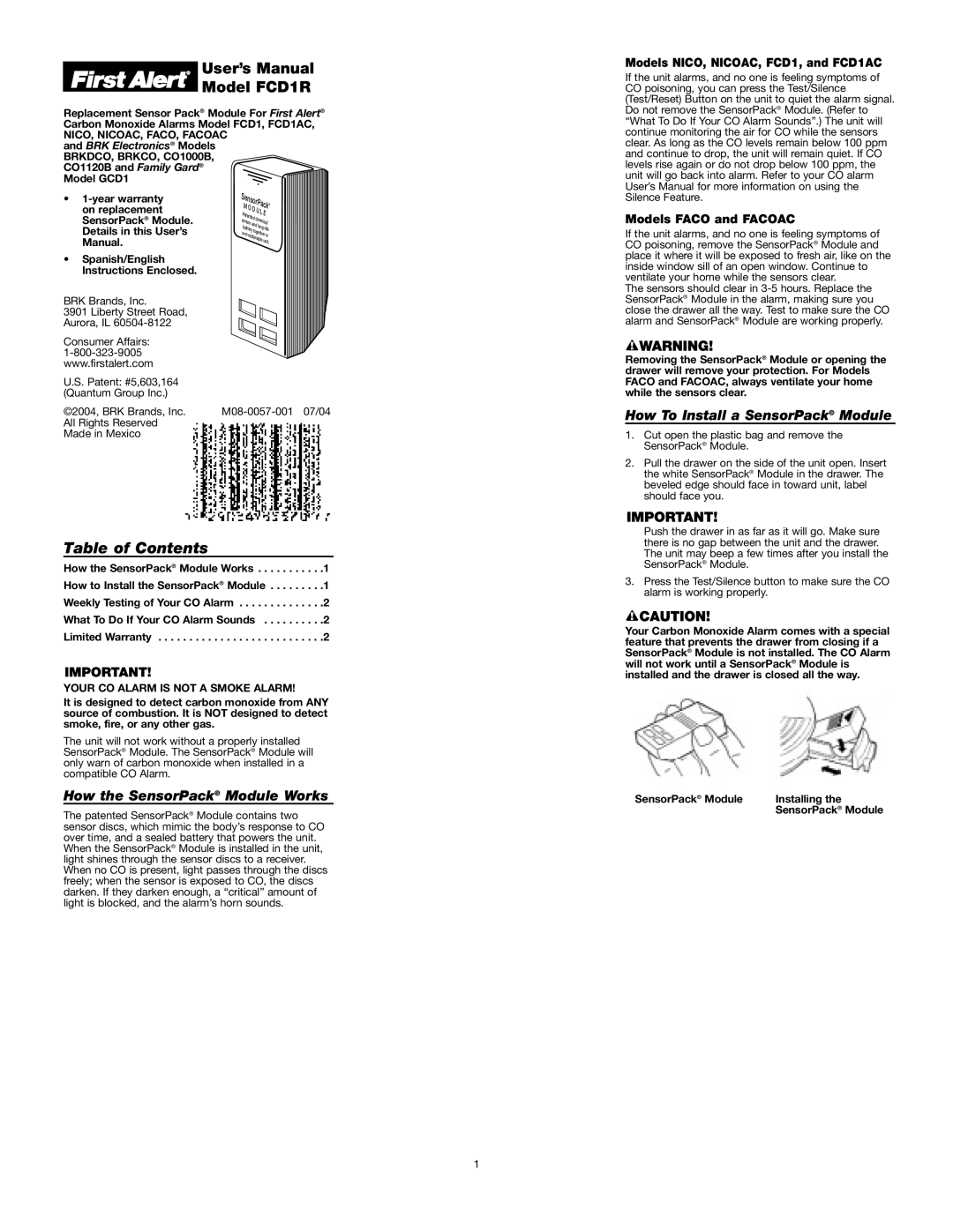 First Alert FCD1R user manual Table of Contents 