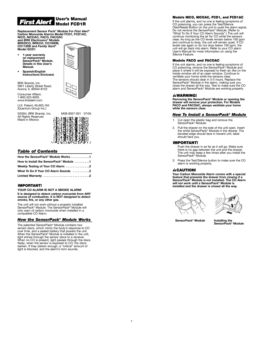 First Alert FCD1R user manual Table of Contents, How the SensorPack Module Works, How To Install a SensorPack Module 