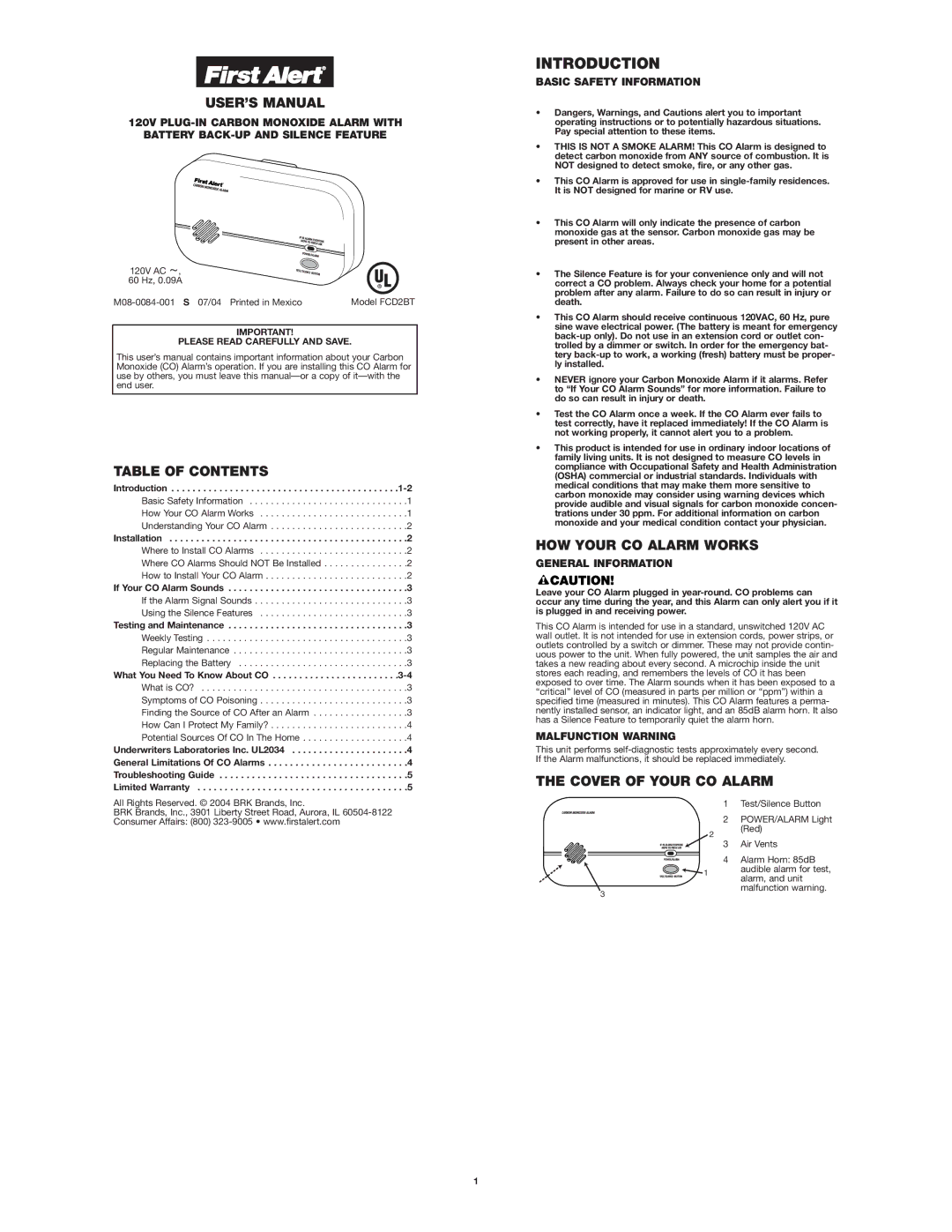 First Alert FCD2B user manual Introduction, USER’S Manual, Table of Contents, HOW Your CO Alarm Works 