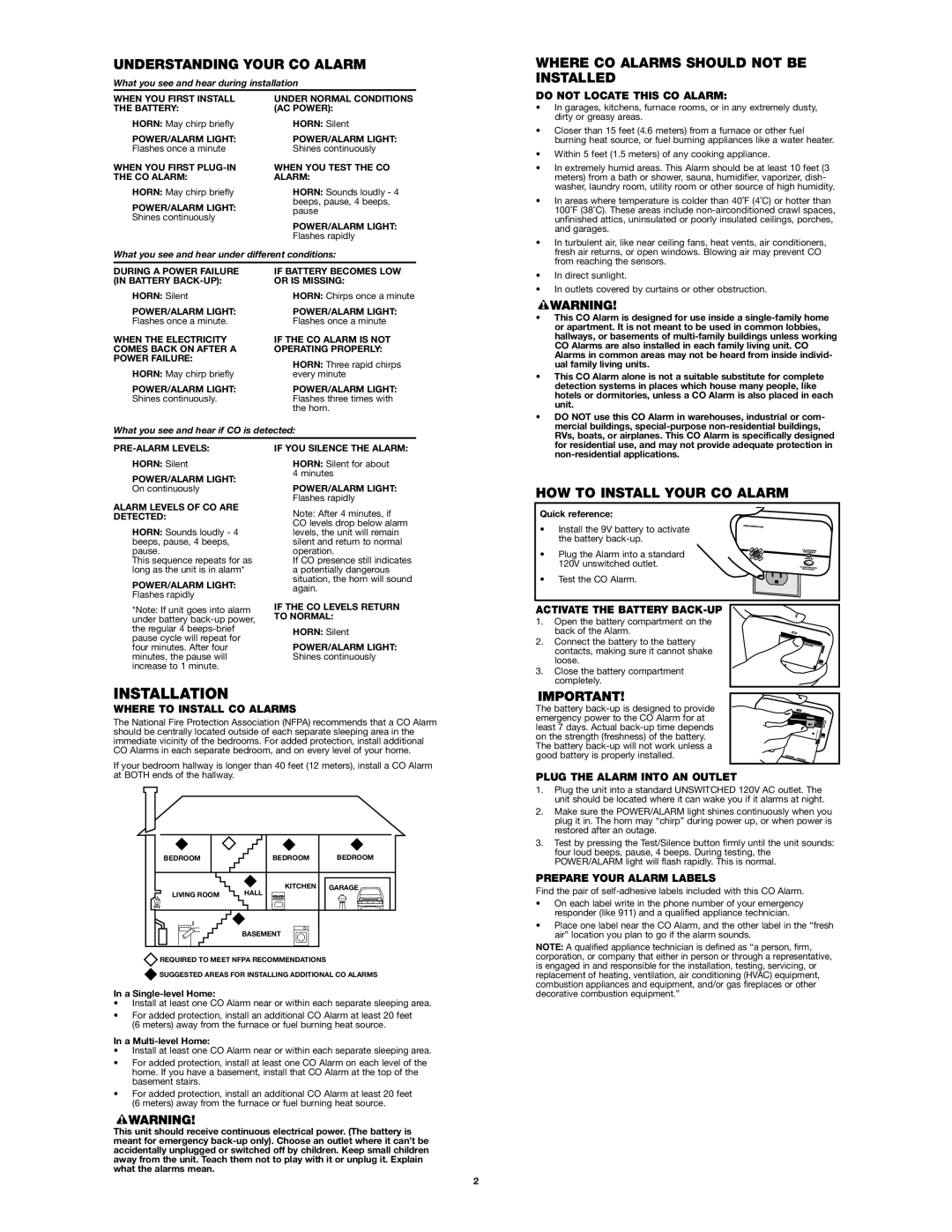 First Alert FCD2B user manual Installation, Understanding Your CO Alarm, Where CO Alarms should not be Installed 