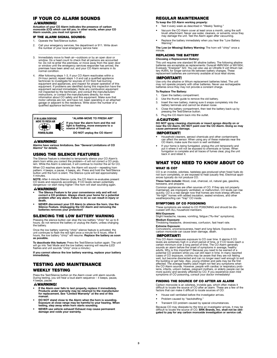 First Alert FCD2B user manual If Your CO Alarm Sounds, Testing and Maintenance, What YOU Need to Know about CO 