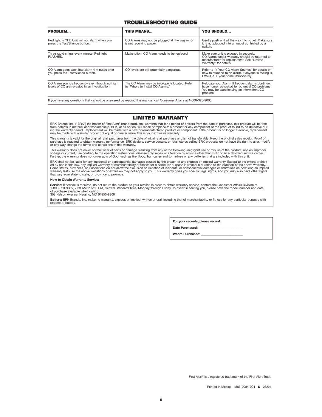 First Alert FCD2B user manual Troubleshooting Guide, Limited Warranty, Problem, This Means, YOU should 