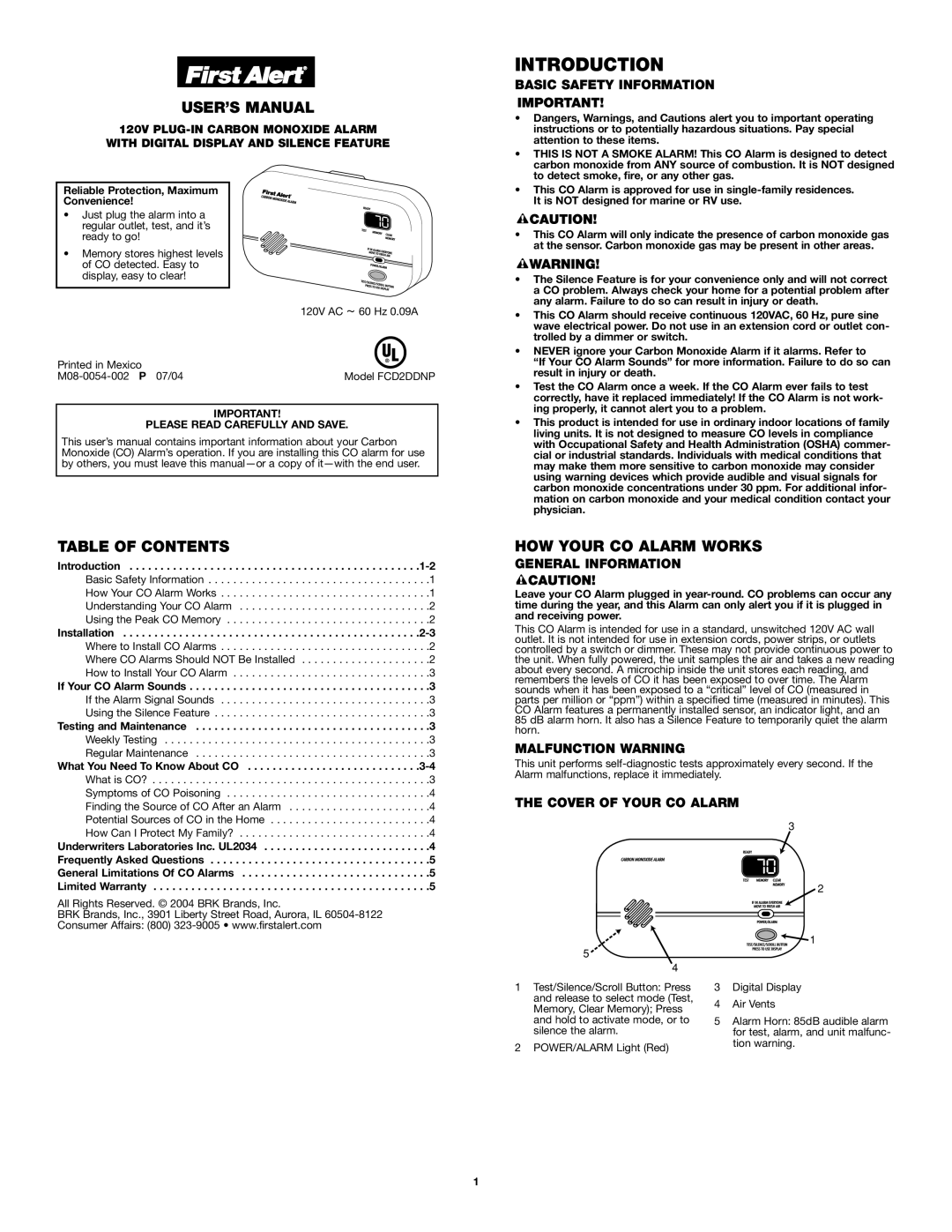 First Alert FCD2DDNP user manual Introduction, USER’S Manual 