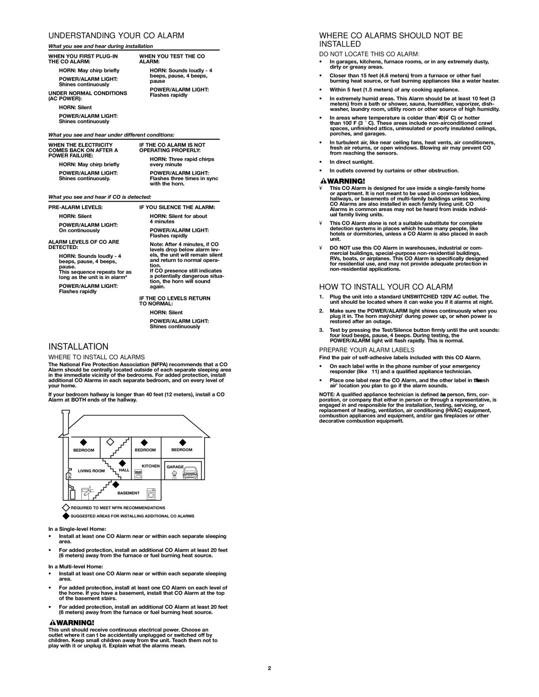 First Alert FCD2NP user manual Installation, Understanding Your CO Alarm, Where CO Alarms should not be Installed 