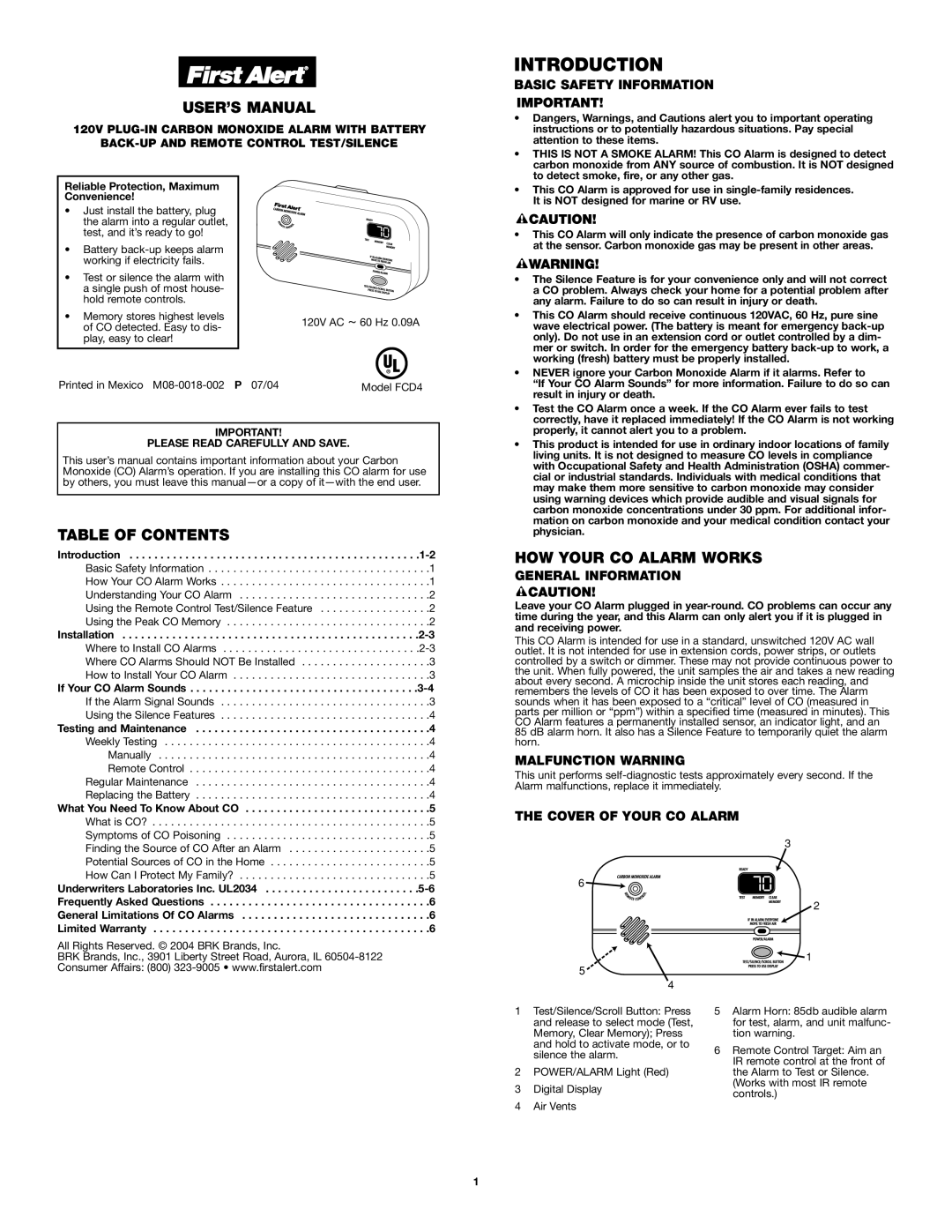 First Alert FCD4 user manual Introduction, USER’S Manual, Table of Contents, HOW Your CO Alarm Works 