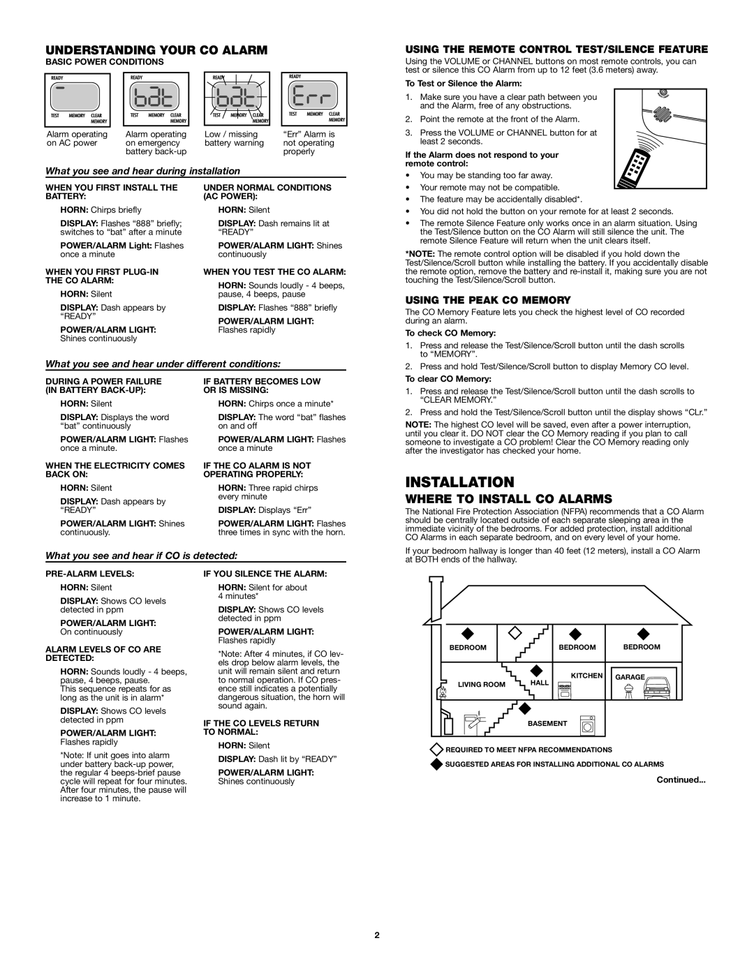 First Alert FCD4 Installation, Understanding Your CO Alarm, Where to Install CO Alarms, Using the Peak CO Memory 