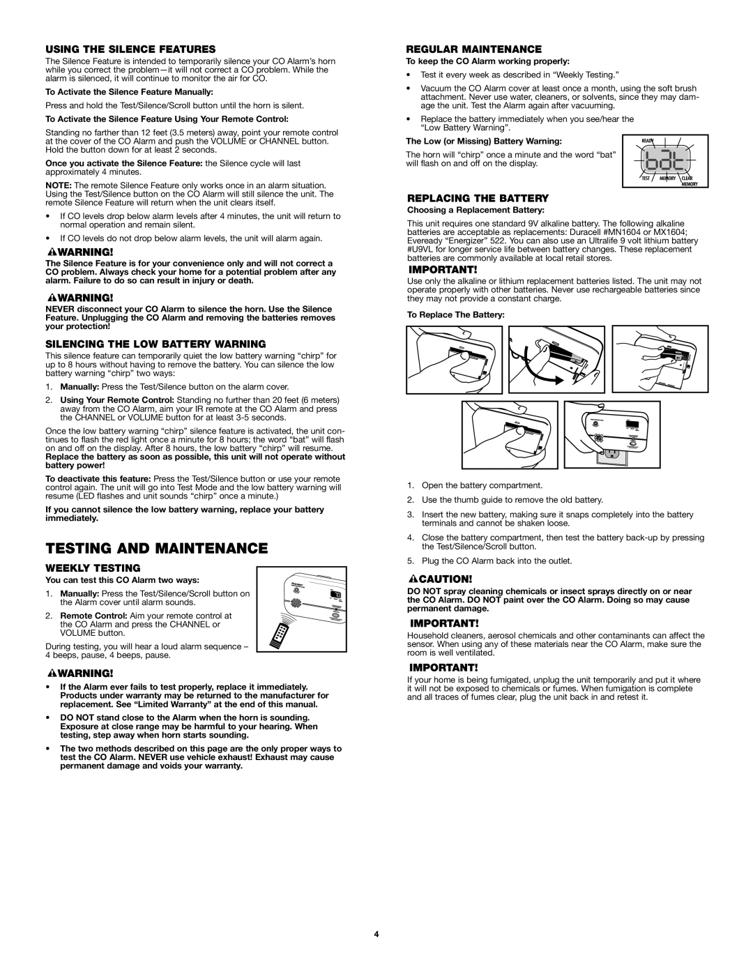 First Alert FCD4 user manual Testing and Maintenance 