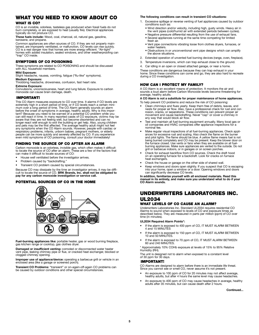 First Alert FCD4 user manual What YOU Need to Know about CO, Underwriters Laboratories INC. UL2034 