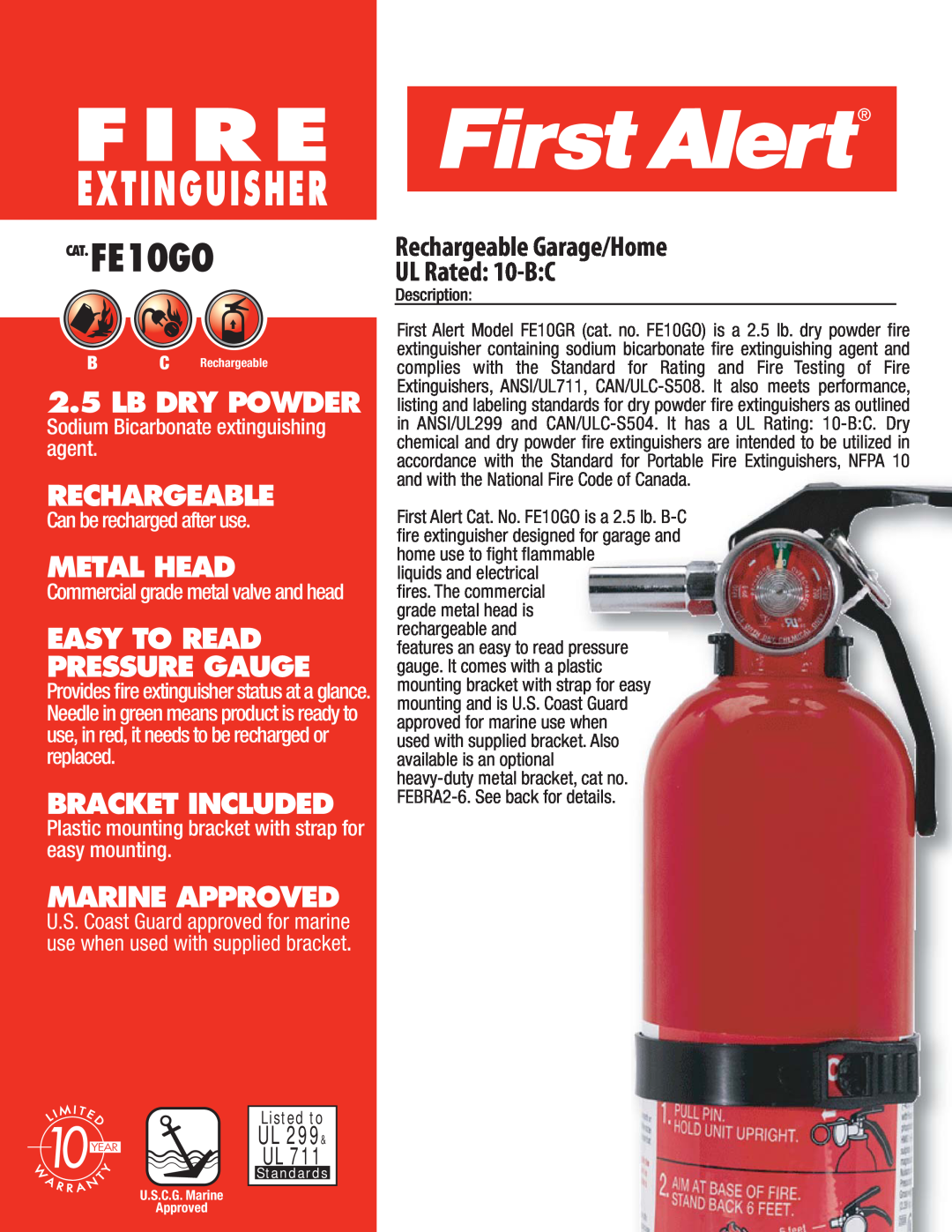First Alert manual Commercial grade metal valve and head, Fire, Extinguisher, CAT.FE10GO, Lb Dry Powder, Rechargeable 