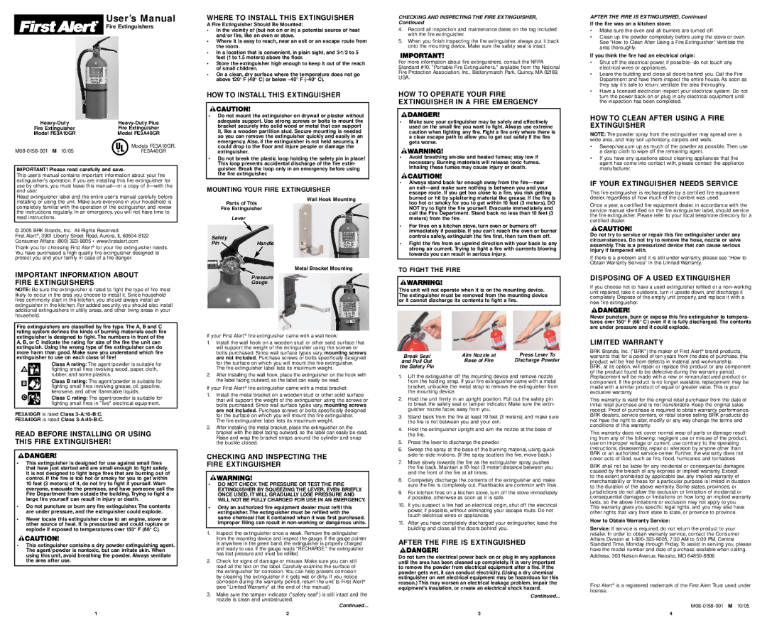 First Alert FE3A40GR user manual Important Information about Fire Extinguishers, Where to Install this Extinguisher 