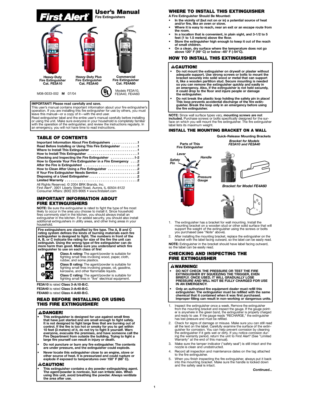 First Alert FE3A10, FE3A40, FE4A60 user manual Table of Contents, Important Information about Fire Extinguishers 