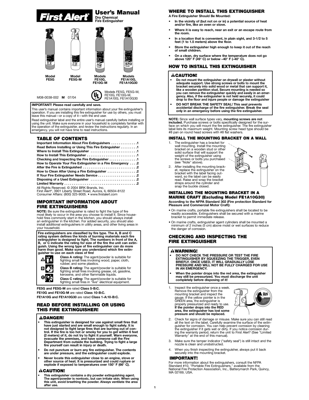 First Alert FE5G-M, FE10G user manual Table Of Contents, Important Information About Fire Extinguishers, User’s Manual 