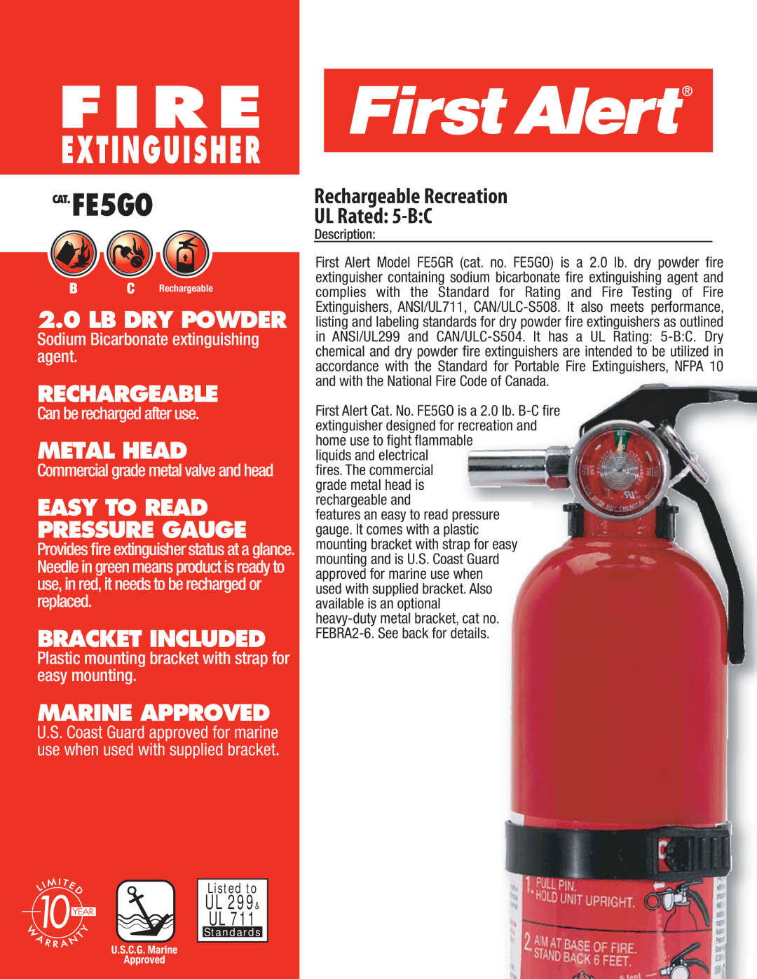 First Alert FE5GO manual LB DRY Powder, Rechargeable, Metal Head, Easy to Read Pressure Gauge, Bracket Included 