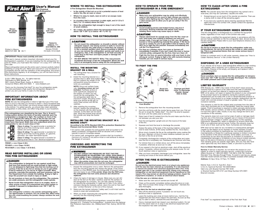 First Alert FE10GR, FE5GR user manual Important Information about Fire Extinguishers, Where to Install this Extinguisher 