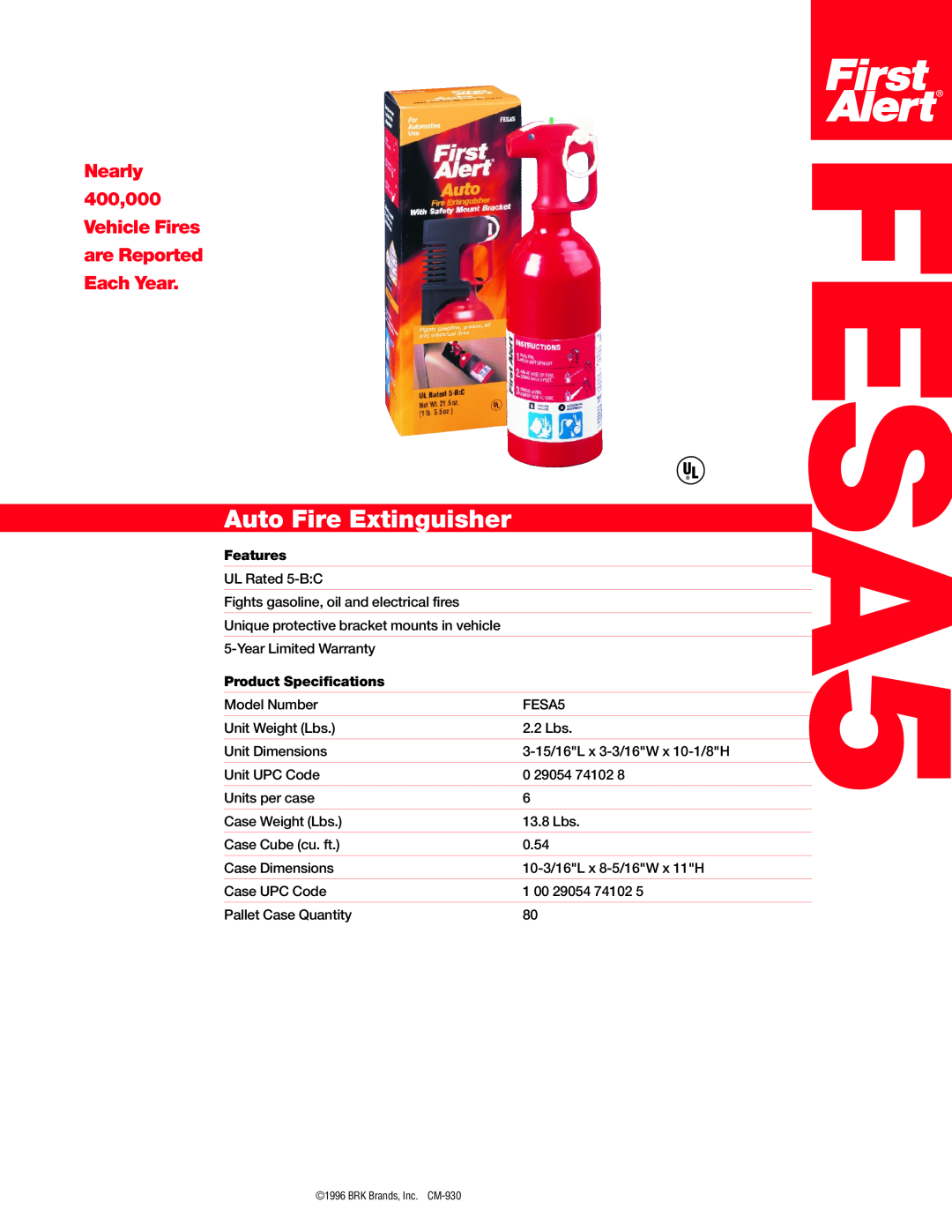 First Alert FESA5 warranty Auto Fire Extinguisher, Nearly 400,000 Vehicle Fires are Reported Each Year, Features 