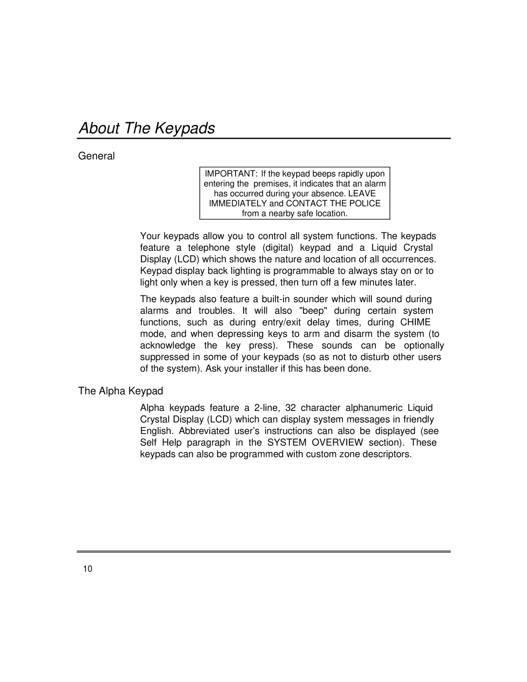 First Alert fire and burglary partitioned security systems with scheduleing manual About The Keypads, Alpha Keypad 