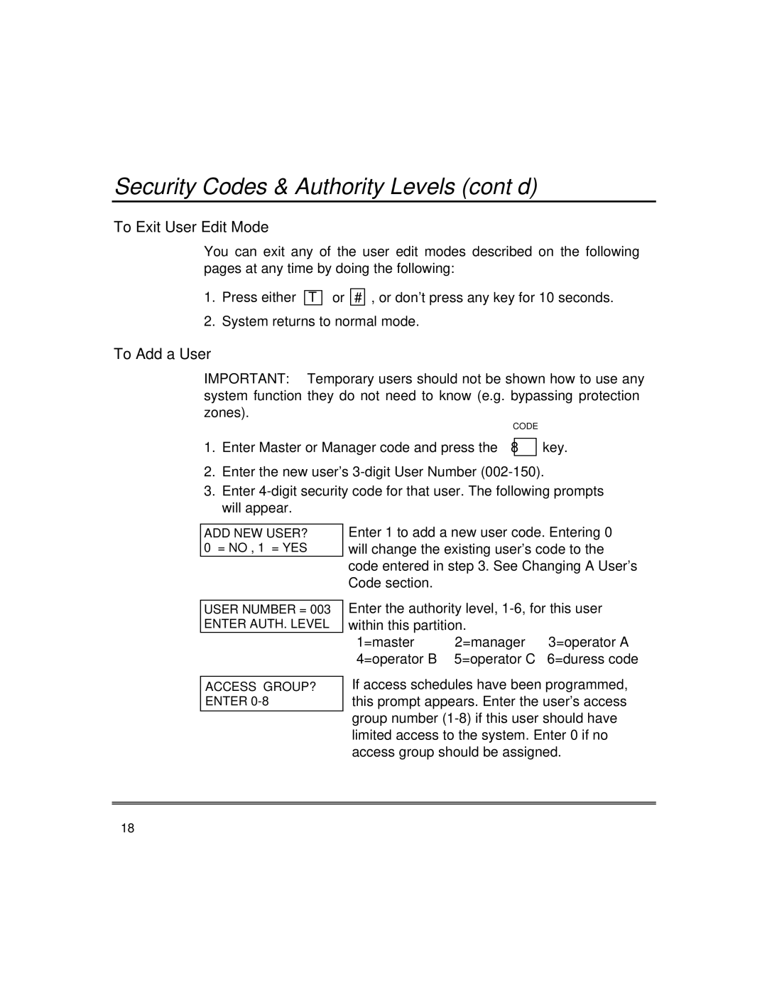 First Alert fire and burglary partitioned security systems with scheduleing manual To Exit User Edit Mode, To Add a User 