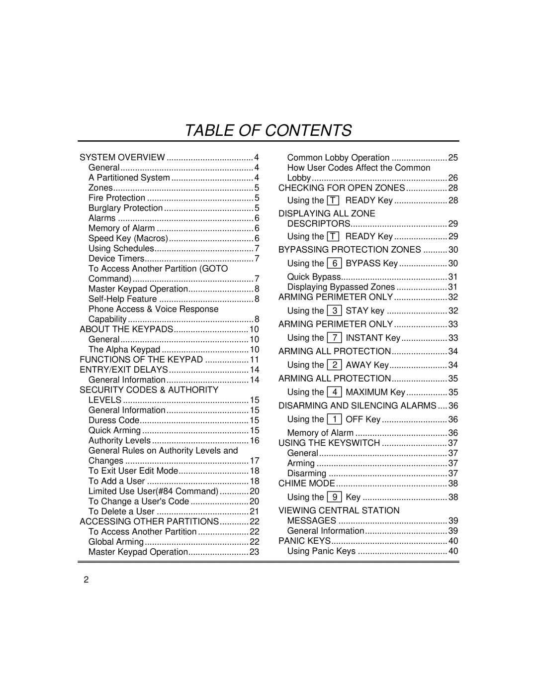 First Alert fire and burglary partitioned security systems with scheduleing manual Table of Contents 