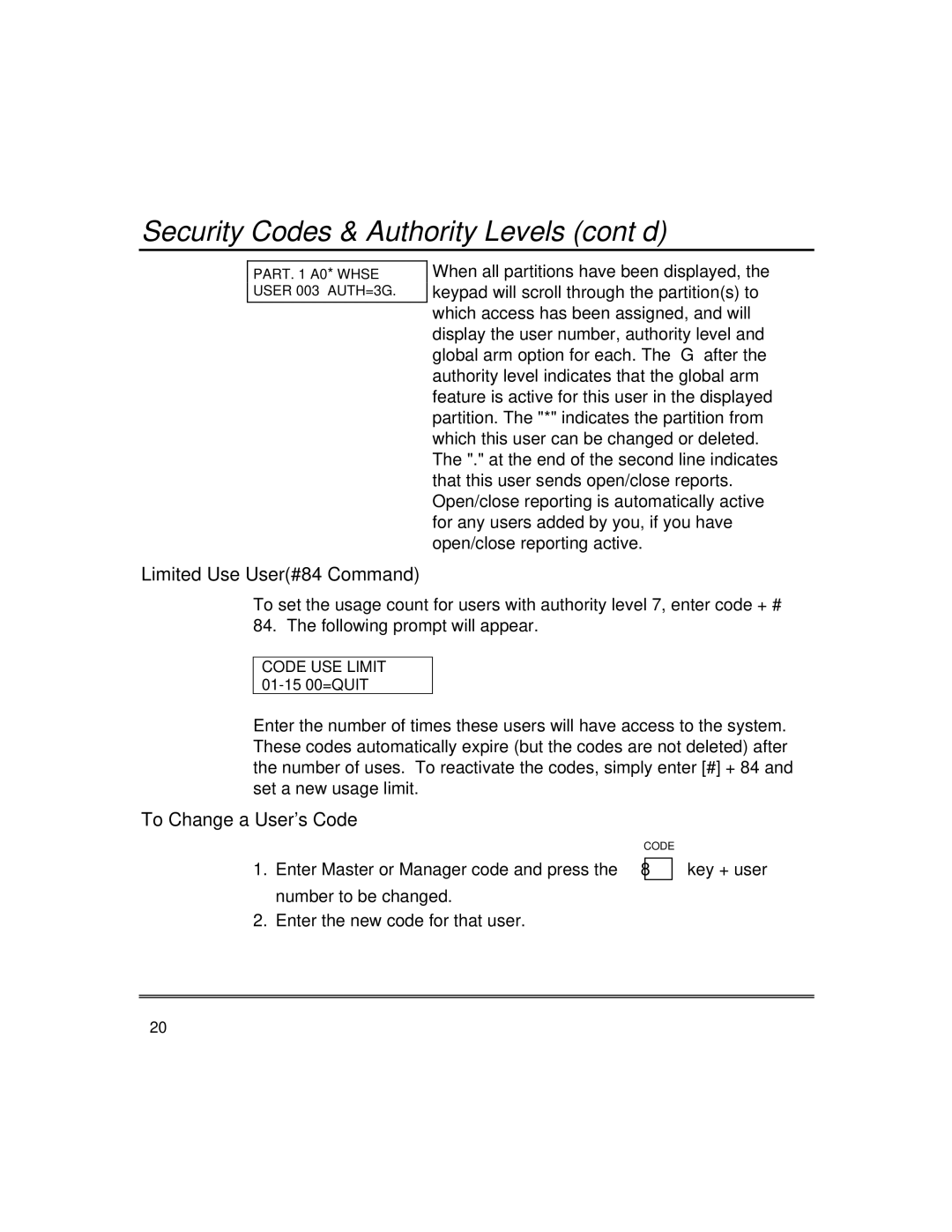 First Alert fire and burglary partitioned security systems with scheduleing manual Limited Use User#84 Command 