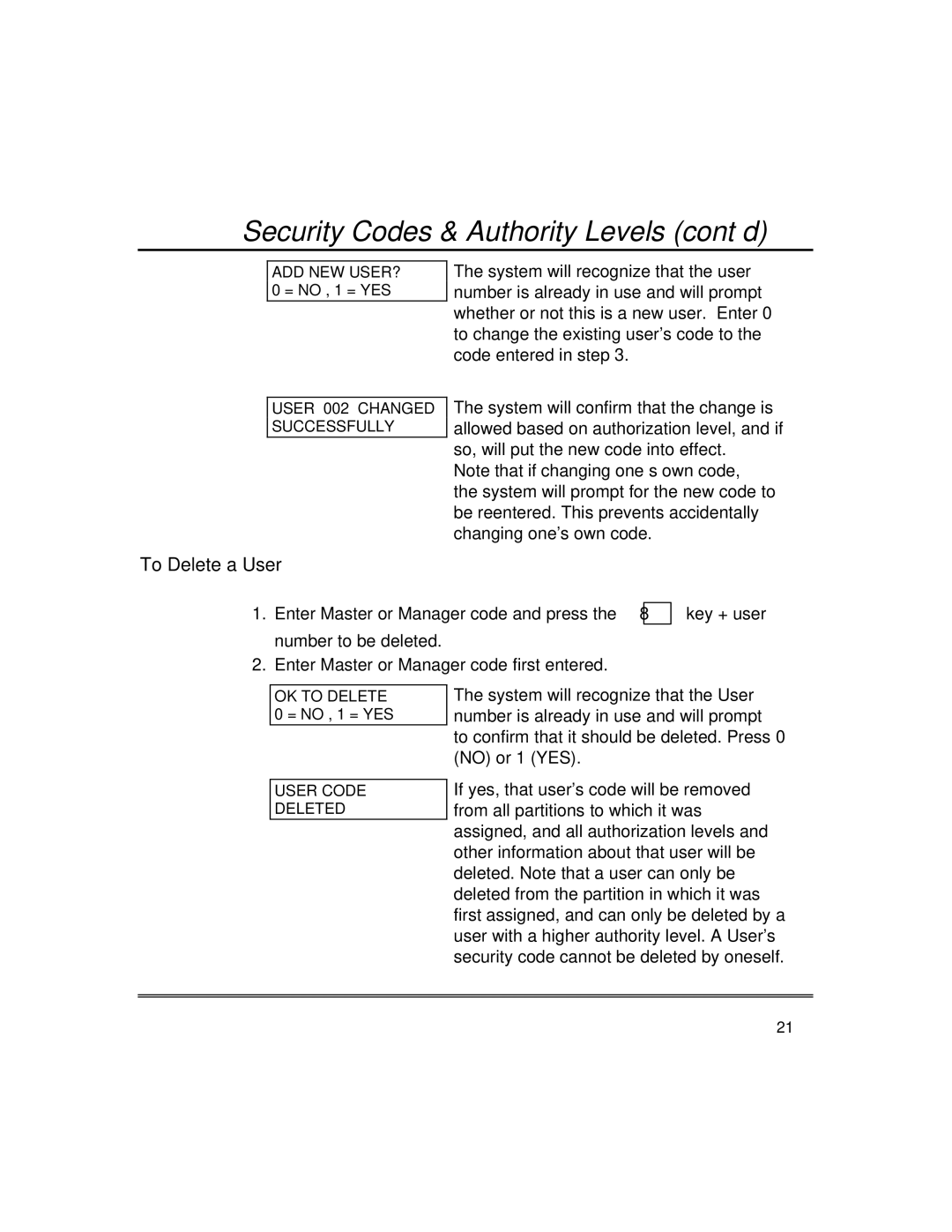 First Alert fire and burglary partitioned security systems with scheduleing manual To Delete a User 