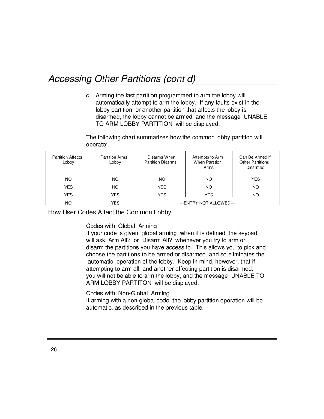 First Alert fire and burglary partitioned security systems with scheduleing manual How User Codes Affect the Common Lobby 