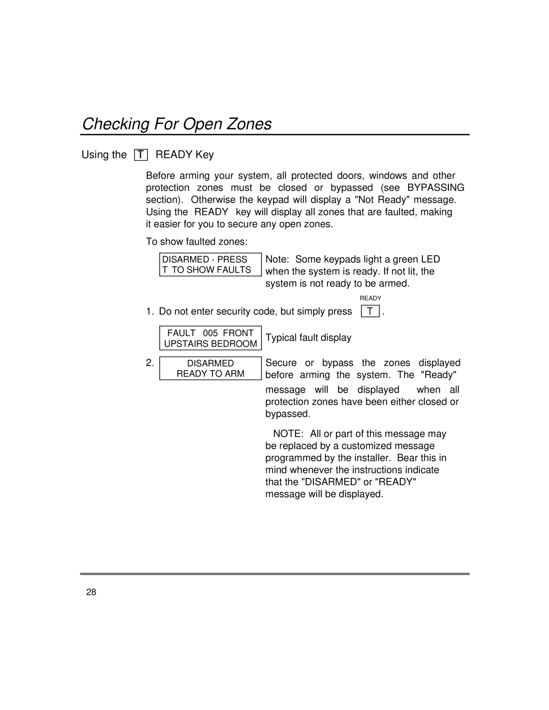 First Alert fire and burglary partitioned security systems with scheduleing manual Checking For Open Zones, Using Ready Key 