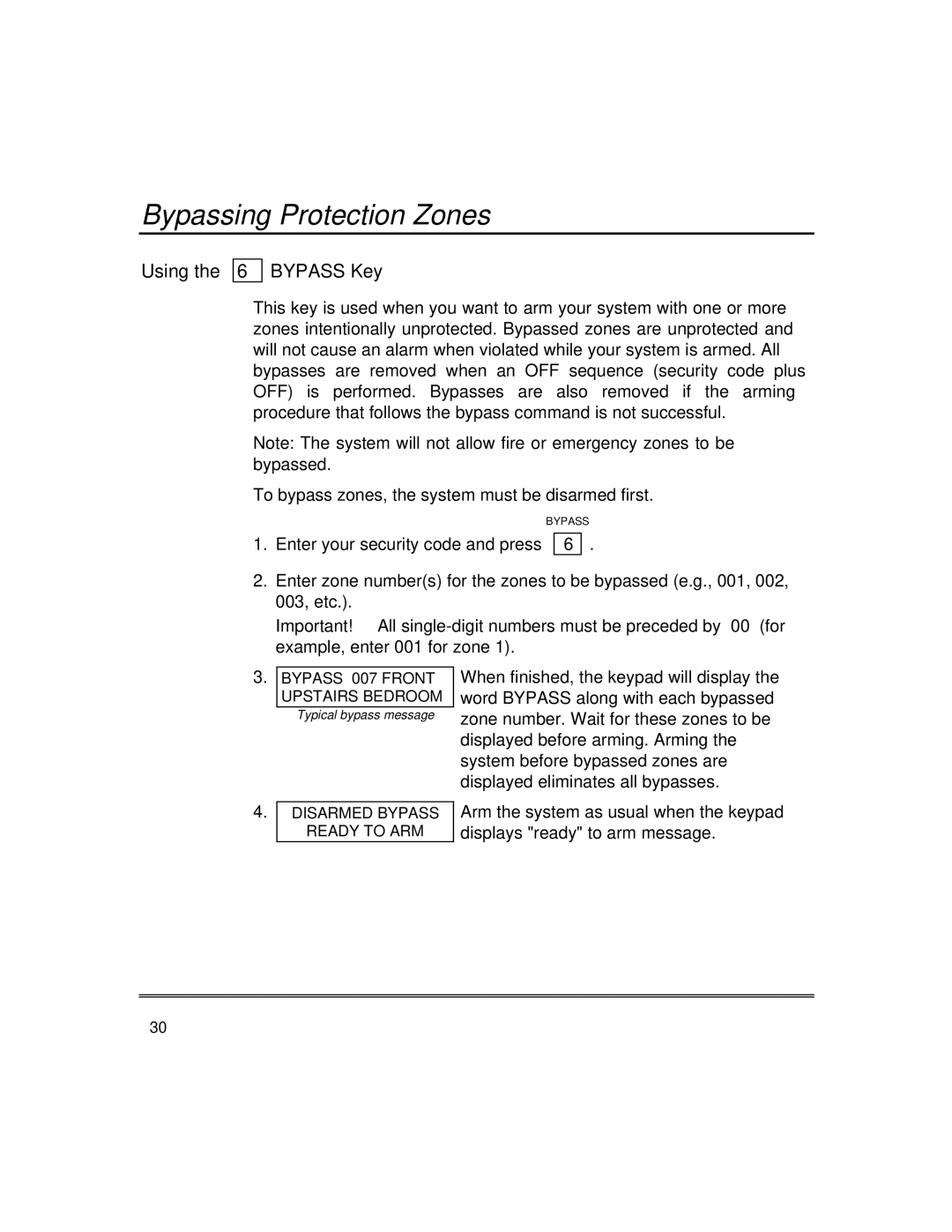 First Alert fire and burglary partitioned security systems with scheduleing Bypassing Protection Zones, Using Bypass Key 