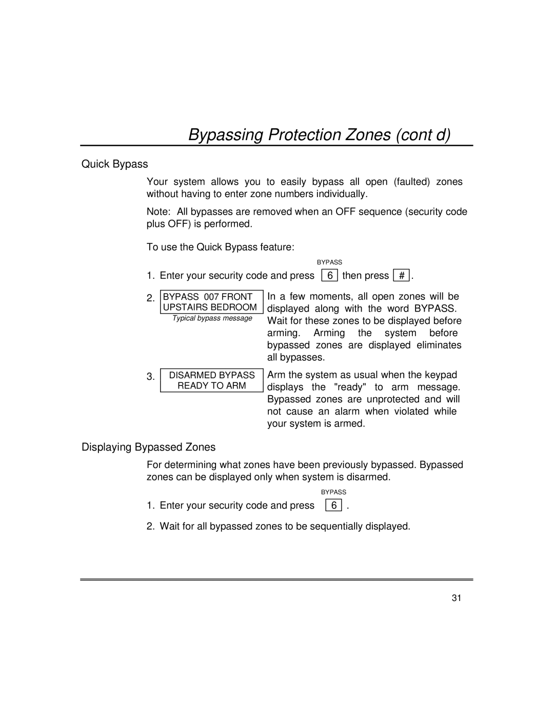 First Alert fire and burglary partitioned security systems with scheduleing manual Bypassing Protection Zones cont’d 