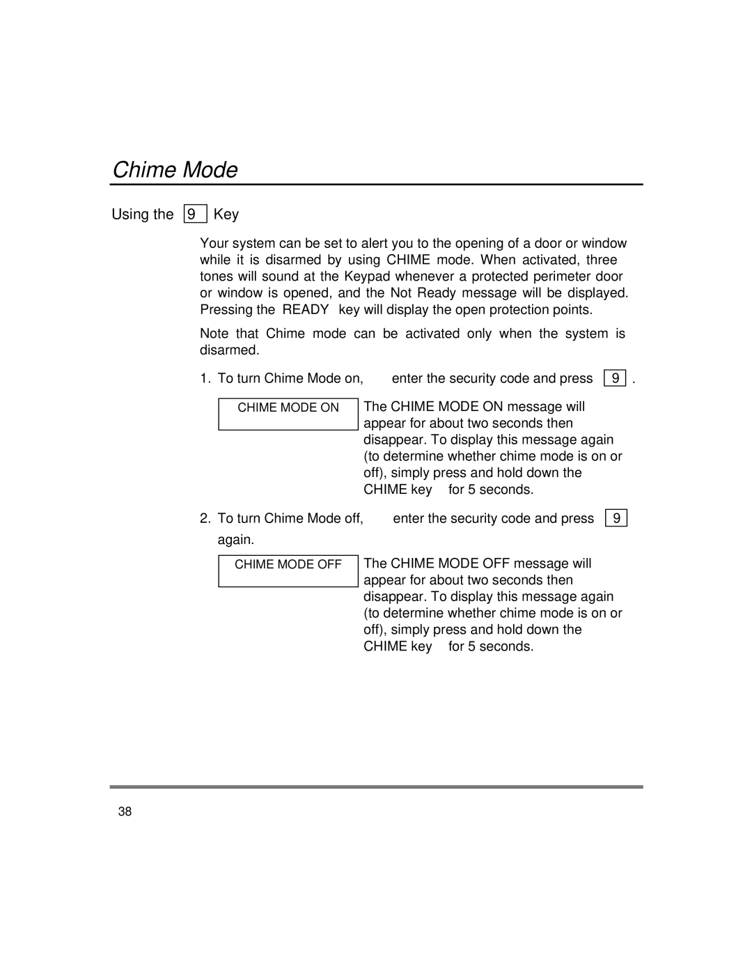 First Alert fire and burglary partitioned security systems with scheduleing manual Chime Mode, Using Key 