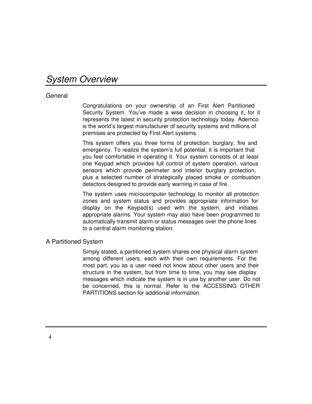 First Alert fire and burglary partitioned security systems with scheduleing System Overview, General, Partitioned System 