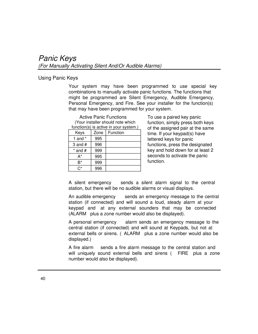 First Alert fire and burglary partitioned security systems with scheduleing manual Using Panic Keys 