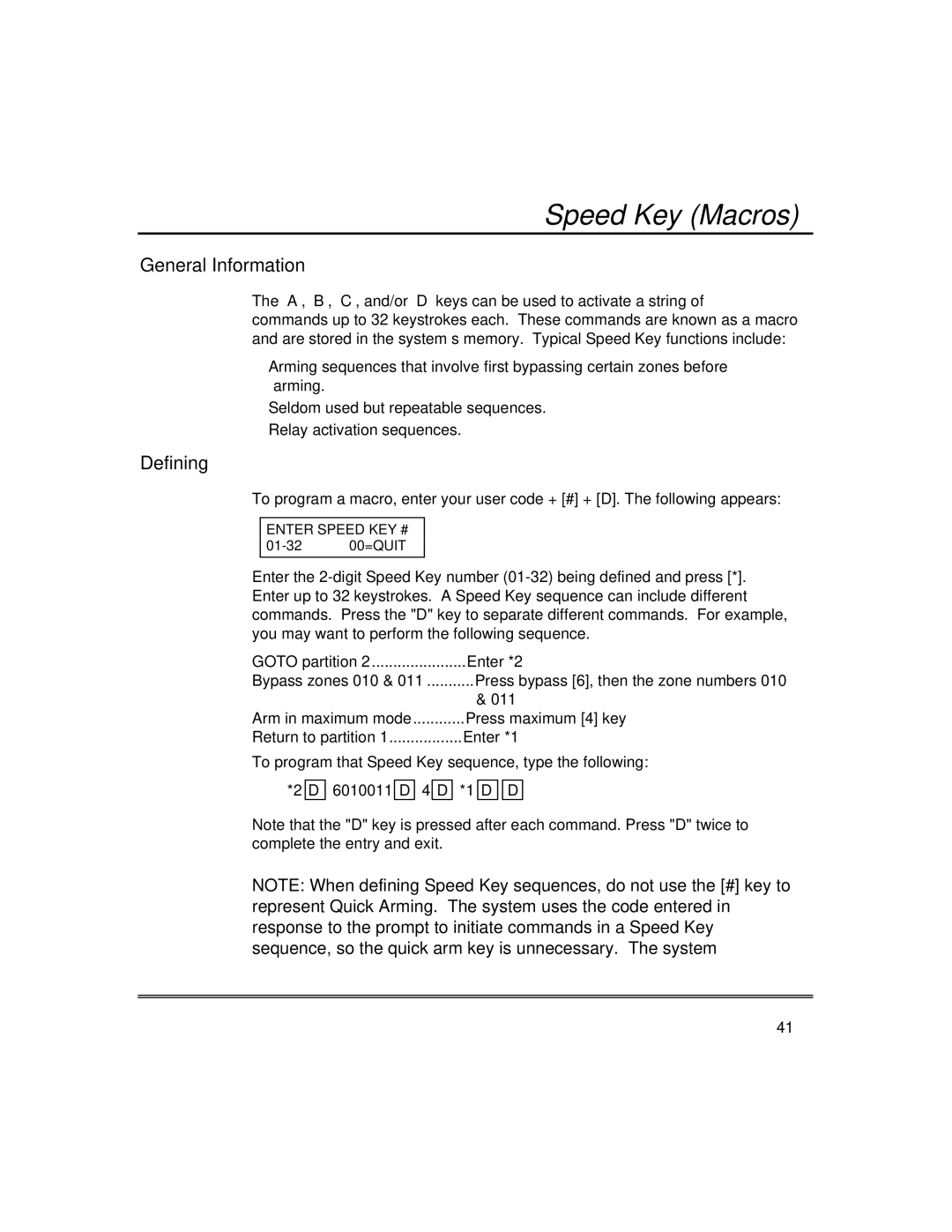 First Alert fire and burglary partitioned security systems with scheduleing manual Speed Key Macros, Defining 