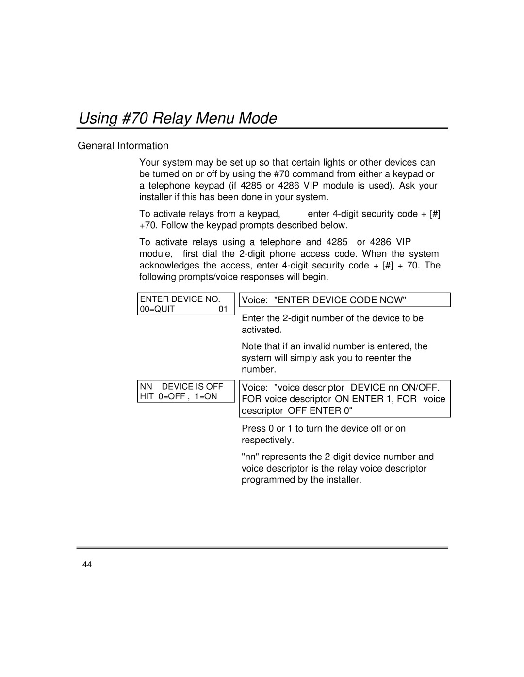 First Alert fire and burglary partitioned security systems with scheduleing manual Using #70 Relay Menu Mode 