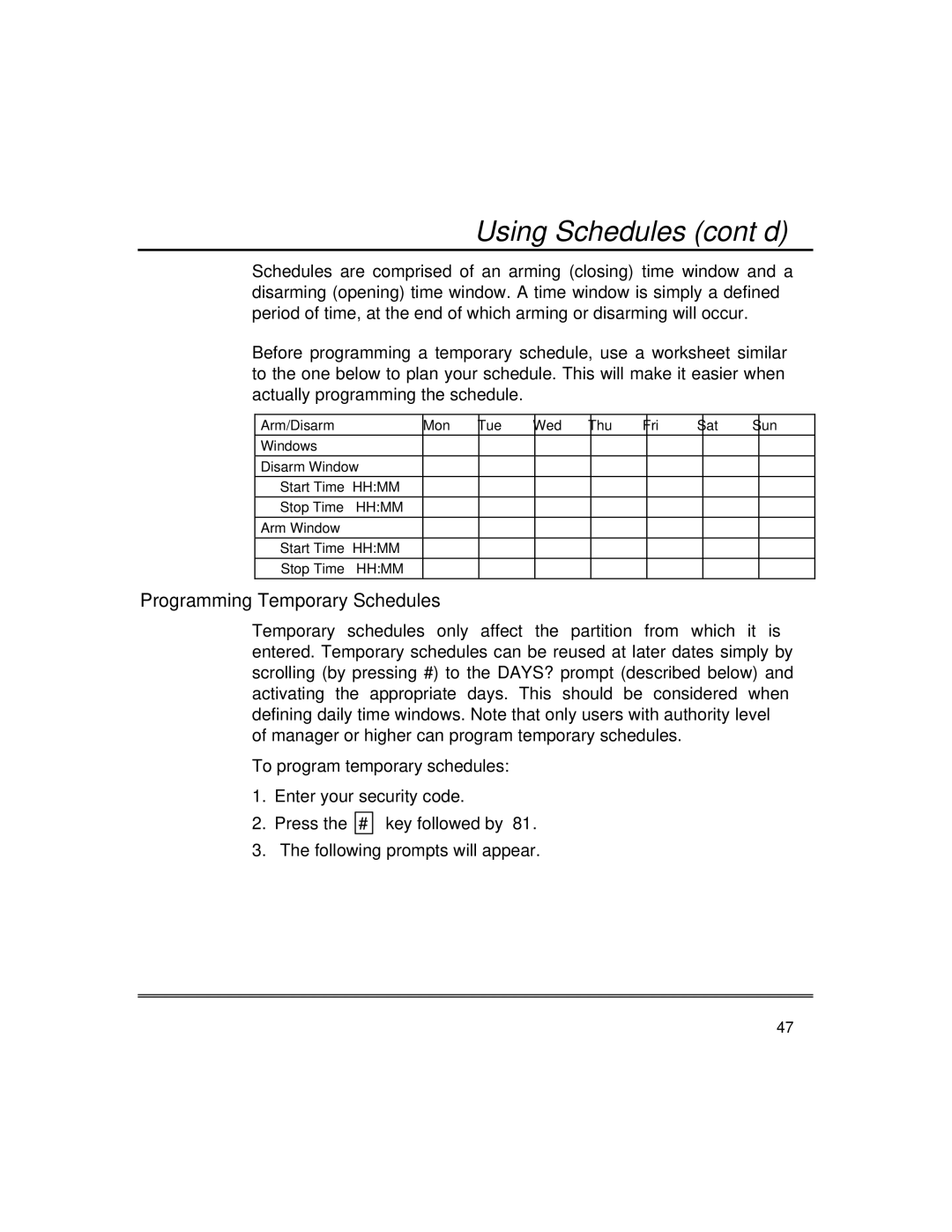 First Alert fire and burglary partitioned security systems with scheduleing manual Using Schedules cont’d 