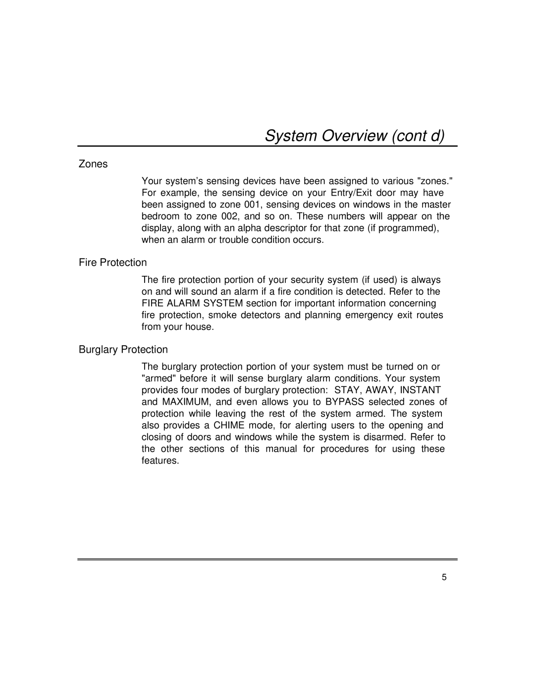 First Alert fire and burglary partitioned security systems with scheduleing System Overview cont’d, Zones, Fire Protection 