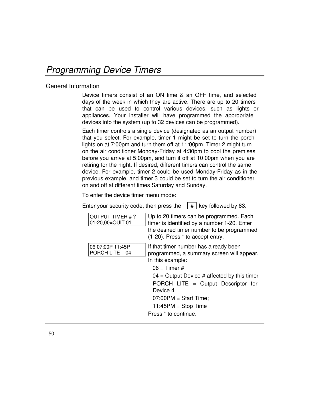 First Alert fire and burglary partitioned security systems with scheduleing manual Programming Device Timers 