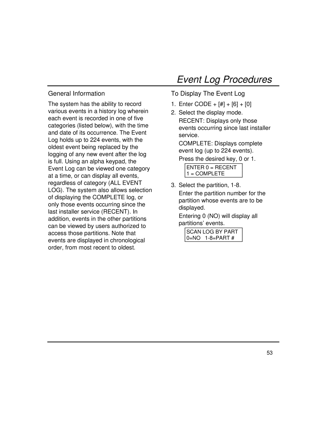 First Alert fire and burglary partitioned security systems with scheduleing Event Log Procedures, To Display The Event Log 