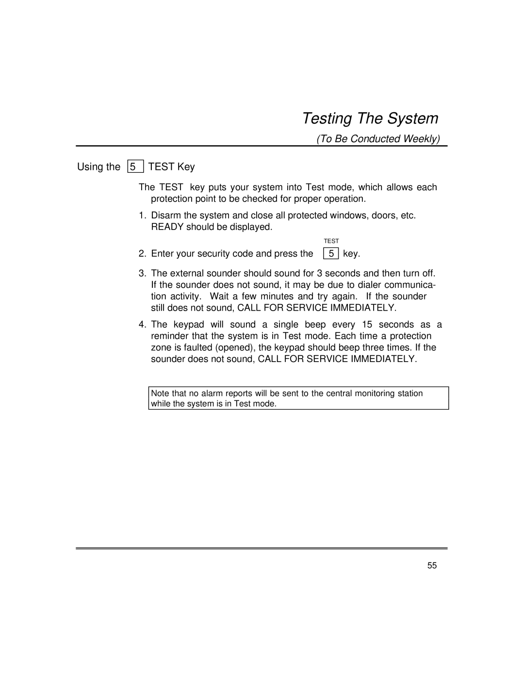 First Alert fire and burglary partitioned security systems with scheduleing manual Testing The System, Using Test Key 