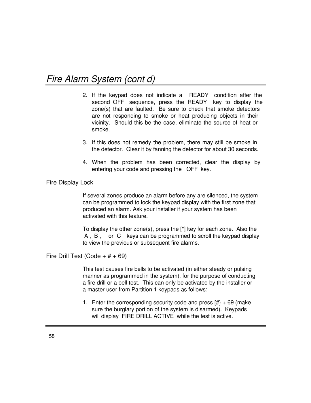 First Alert fire and burglary partitioned security systems with scheduleing Fire Alarm System cont’d, Fire Display Lock 