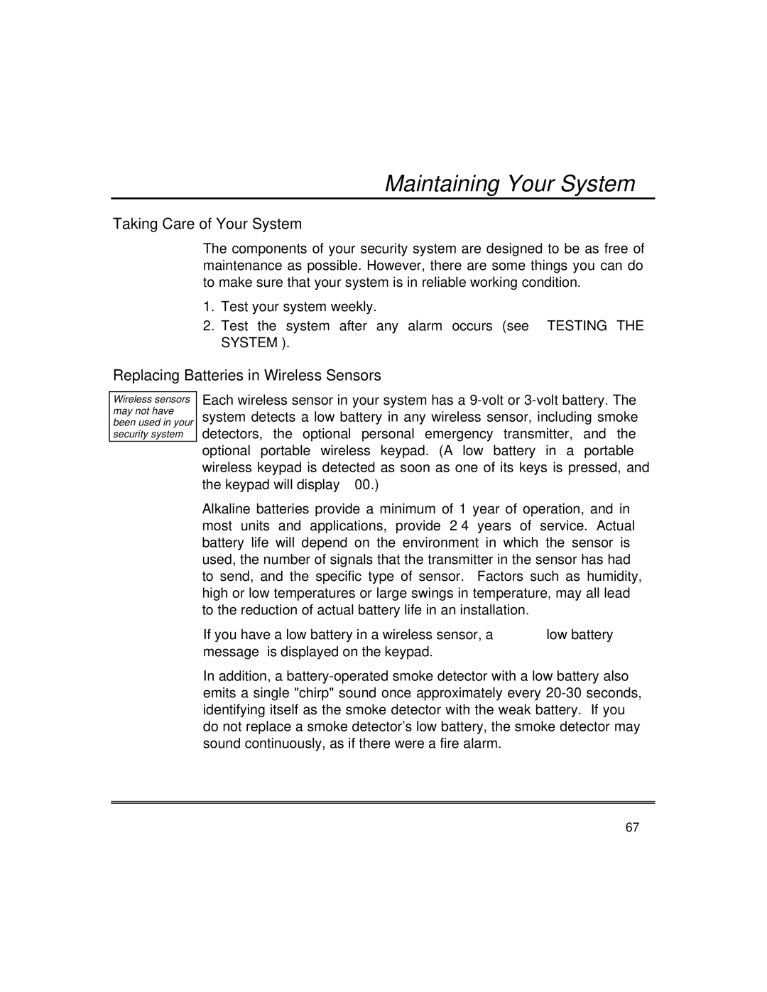 First Alert fire and burglary partitioned security systems with scheduleing manual Maintaining Your System 