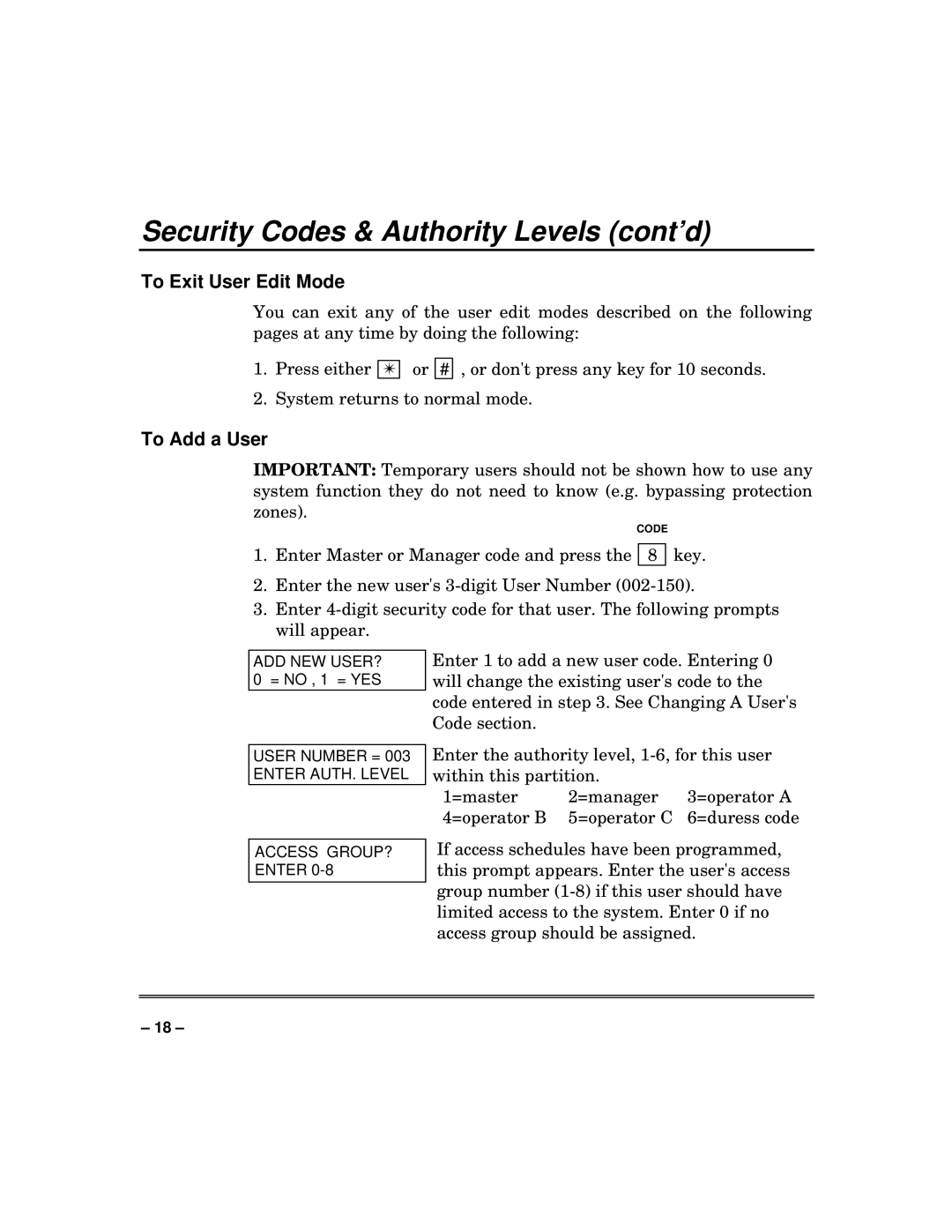 First Alert fire and burglary partitioned security systems with scheduleing manual To Exit User Edit Mode, To Add a User 