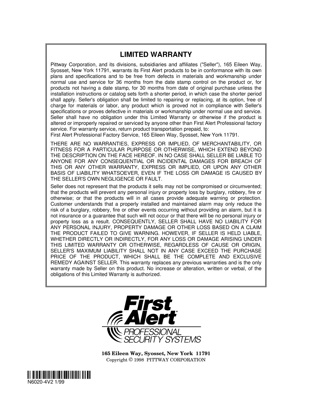 First Alert fire and burglary partitioned security systems with scheduleing manual ¬19¢Ll, Limited Warranty 