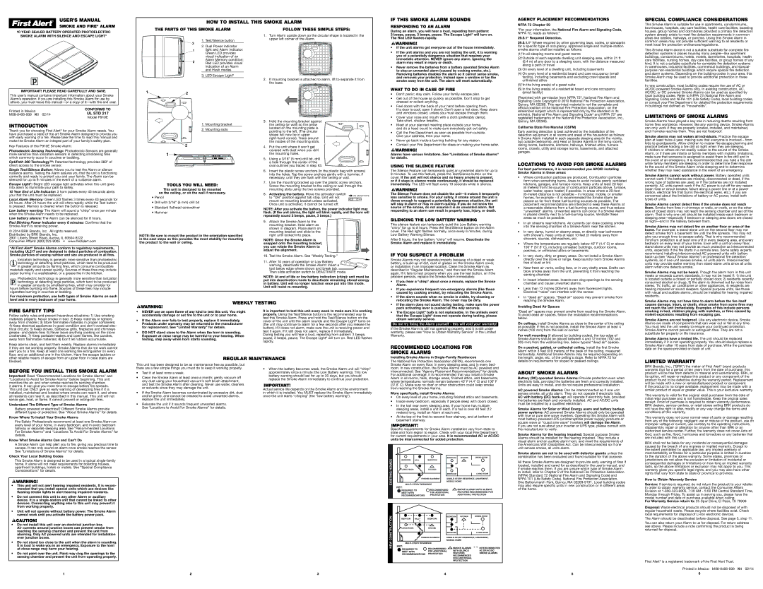 First Alert first alert user manual USER’S Manual, HOW to Install this Smoke Alarm If this Smoke Alarm Sounds 