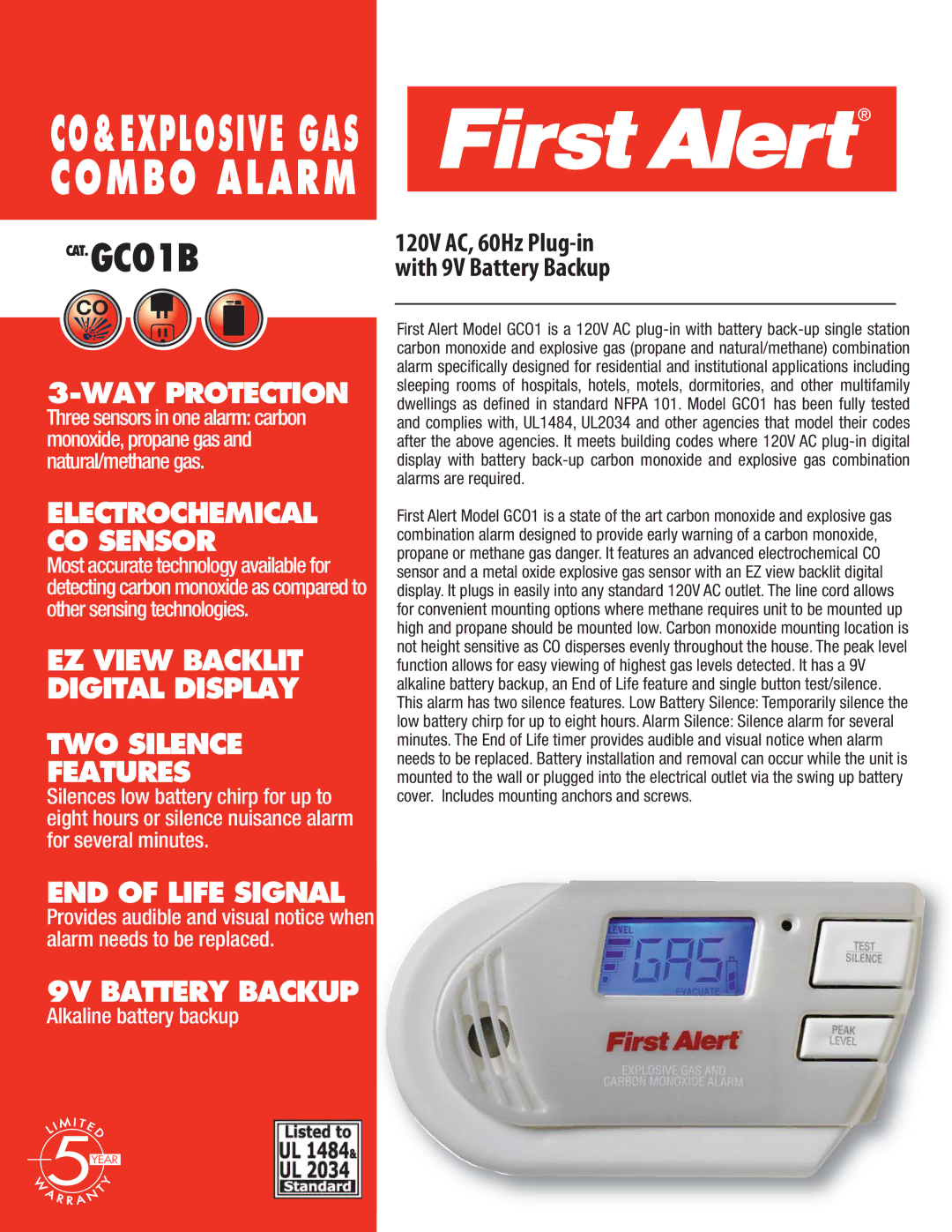 First Alert GC01B manual WAY Protection, EZ View Backlit Digital Display TWO Silence Features, END of Life Signal 