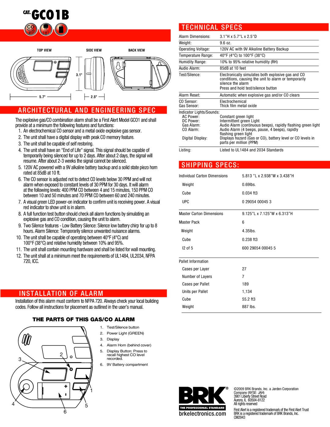 First Alert GC01B manual Architectural and Engineering Spec, Installation of Alarm, Technical Specs, Shipping Specs 