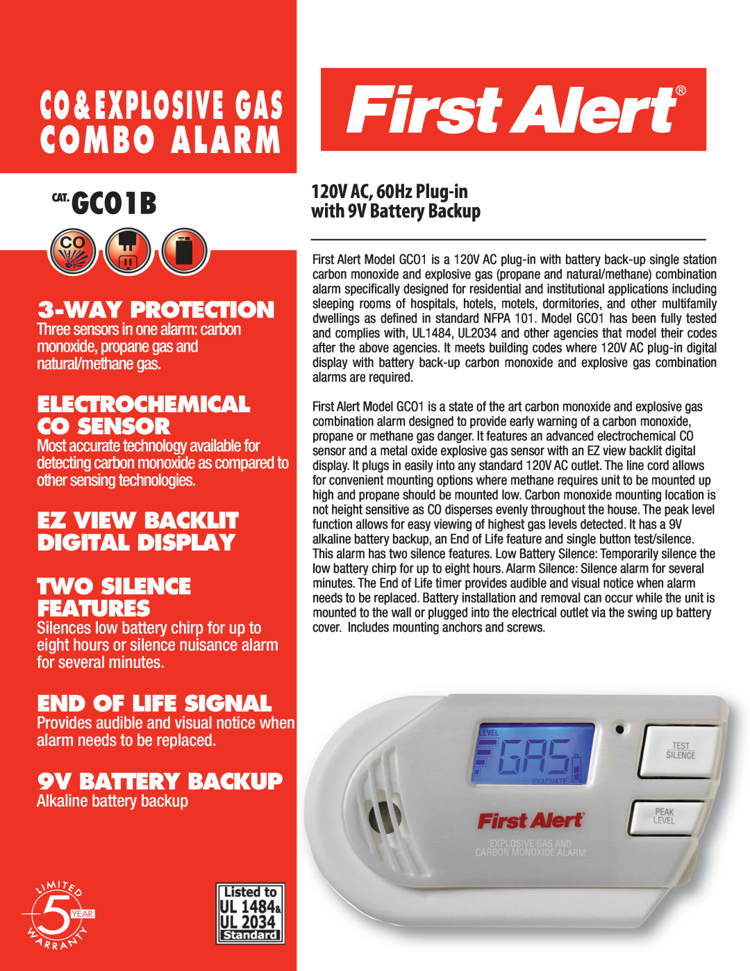 First Alert GC01B manual Combo Alarm, CAT.GCO1B, Co&Explosive Gas, Way Protection, End Of Life Signal, 9V BATTERY BACKUP 