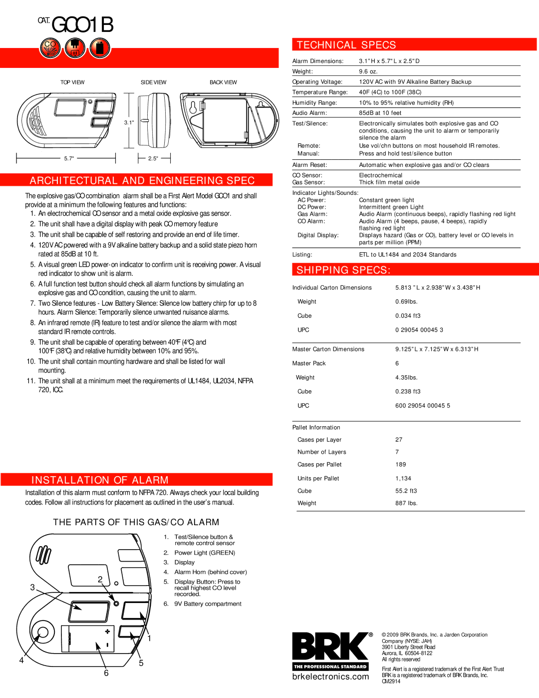 First Alert GCO1B manual Architectural and Engineering Spec, Installation of Alarm, Technical Specs, Shipping Specs 